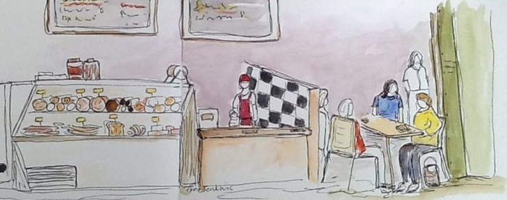 Sketch of the Wurst Haus stall in Reading Market Terminal by Anne Jenkins