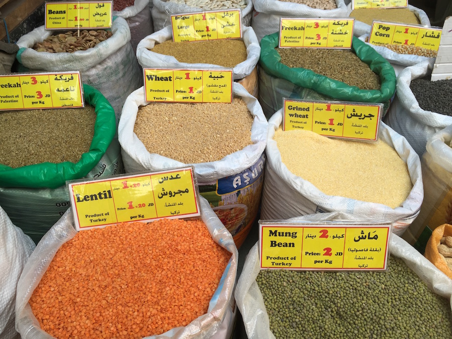 bags of grains in Souk in Jordan