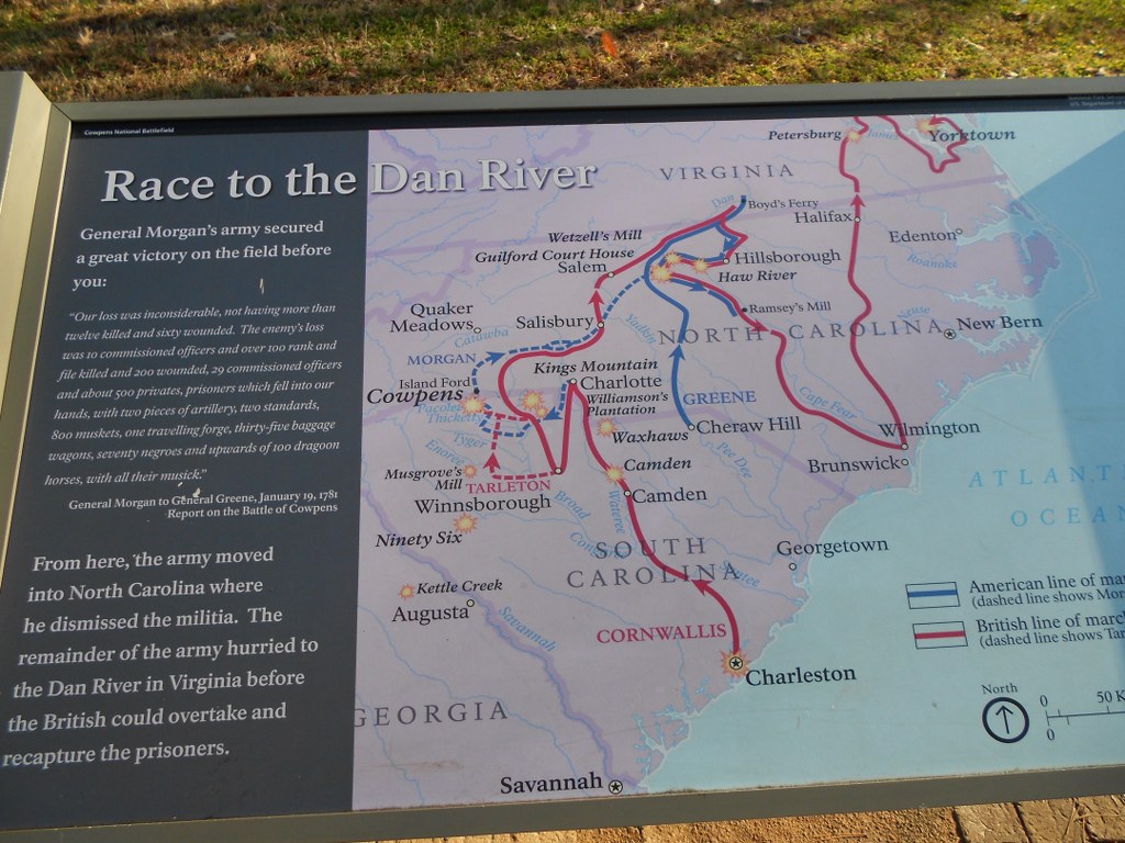 Map of the American Revolution Southern Campaign that shows  the beginning in Charleston and the end in Yorktown, plus the pivotal battles at Kings Mountain and Cowpens.