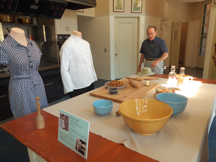 The counter at Filoli showing staff clothing and dishes