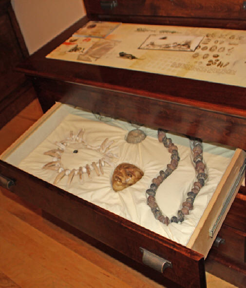 Mayborn Musuem in Waco, Texas exhibit showing  assorted shells and jewelry 