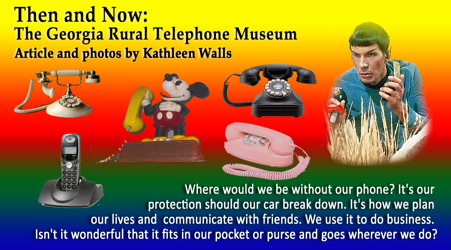 several antique phones and Leonard Nemoy as Mr. spok holding a cell phone