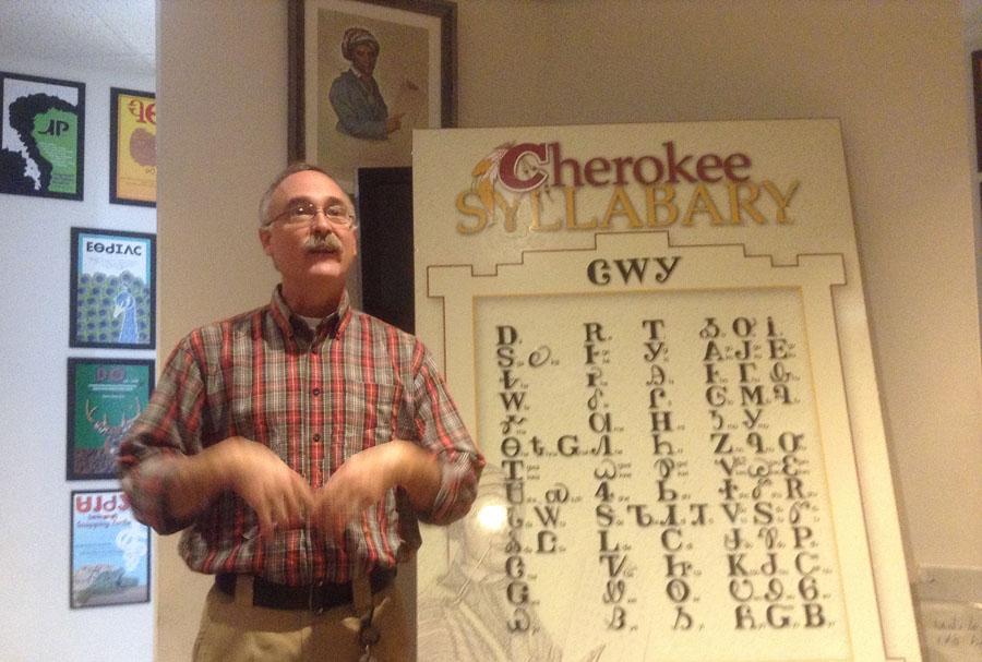 Charlie Rhodarmer explaining Cherokee Alphabet  at Sequoya Birthplace Museum