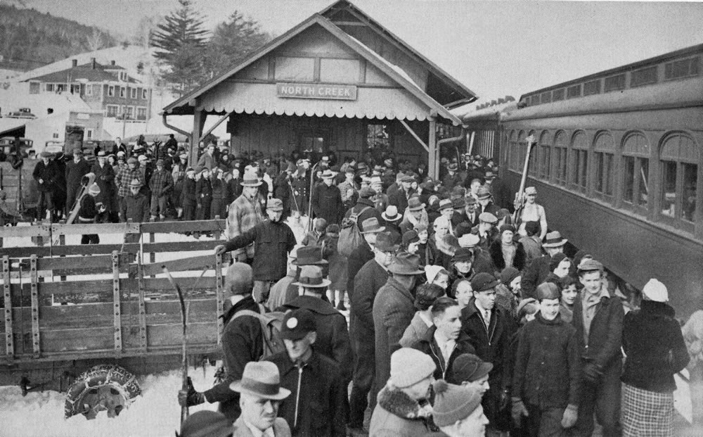  1930s snow train arrives at North Creek Depot.in Adirondack Mountains