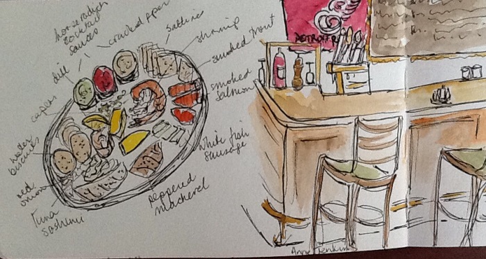 Anne Jenkins sketch of cold seafood platter in Tom's Seafood in downtown Detroit