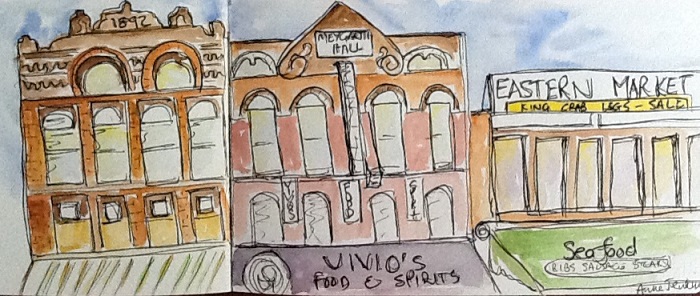 Anne Jenkins sketch of a row of Easter Market top floors in Deitroit