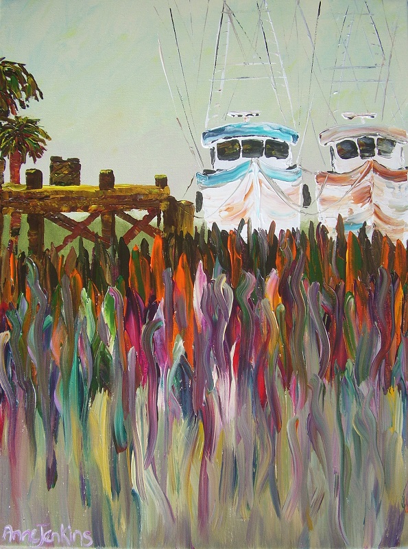 Shrimp boats moored in the marsh, acrylic on canvas
