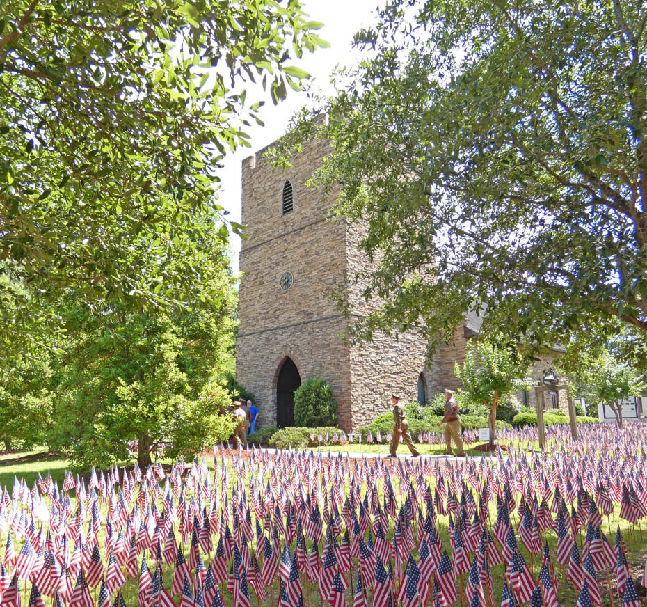 chappel wiht flags in foreground
