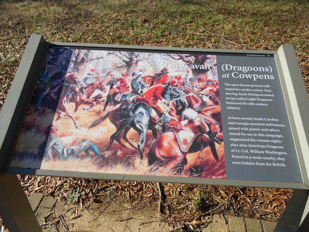 Marker explaiining a battle with dragoons at the  American Revolution Kings Mountain Battlefield  in South Carolina 