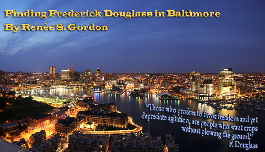 Baltamore skymine by night with header Finding Fredrick Douglass in Baltimore