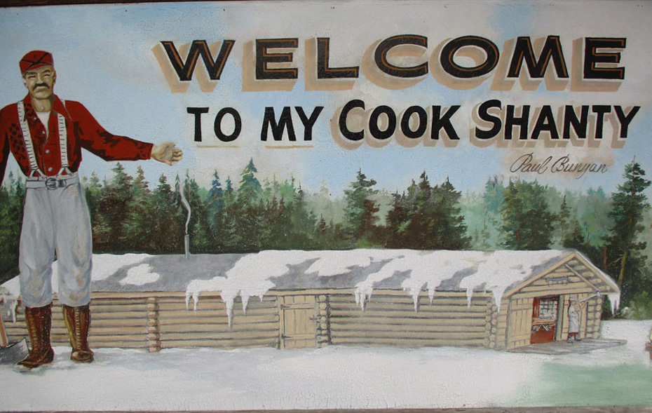 Paul Bunyan welcomining propel to cook shack