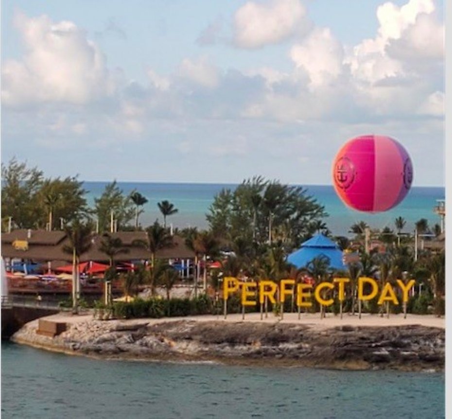 island with perfect day sign and beach in background