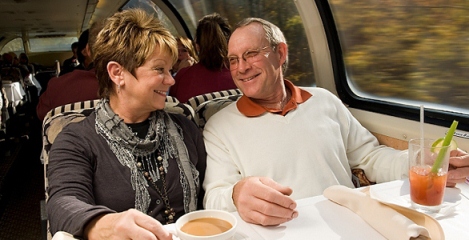 couple dining on snow train in Adirondack Mountains