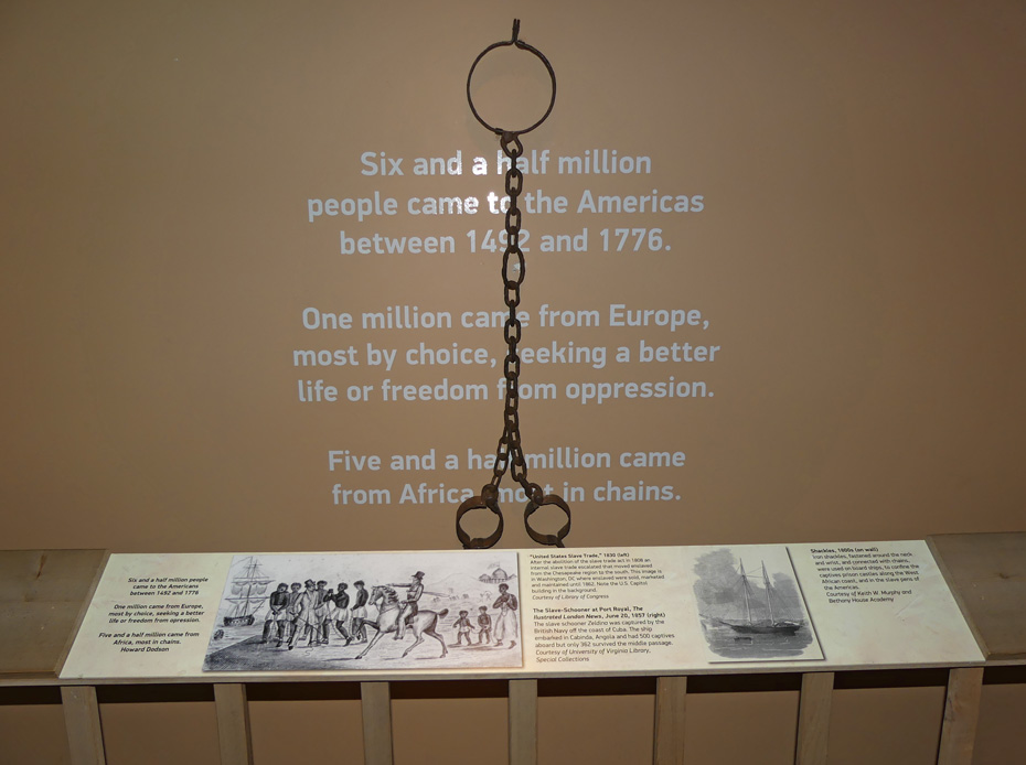 exhibit in Senator John Heinz Musuem in Pittsburgh showing shackles and information about slave population