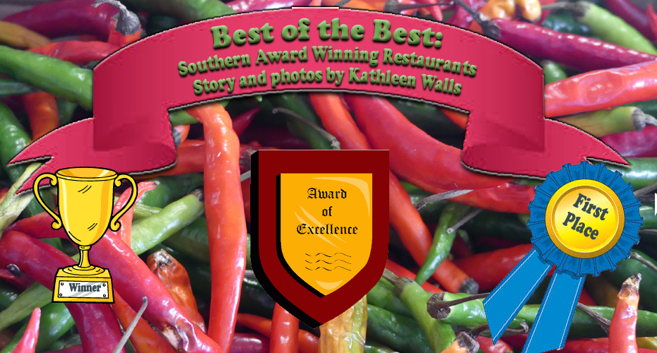 Awards and title on a background of peppers