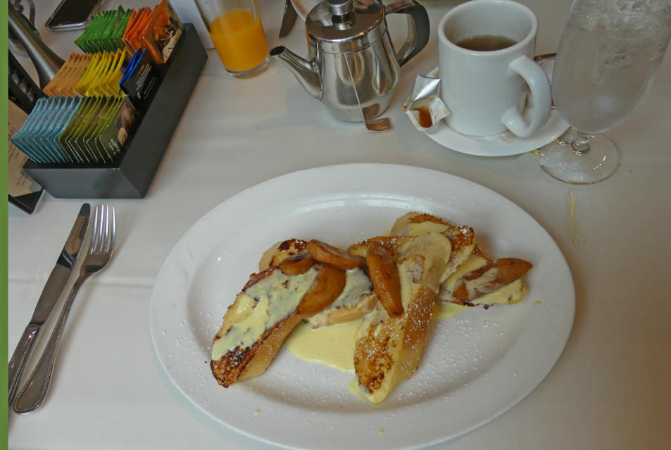 French toast and tea at Dinahs Poolside Restaurant in Palo Alto , CA