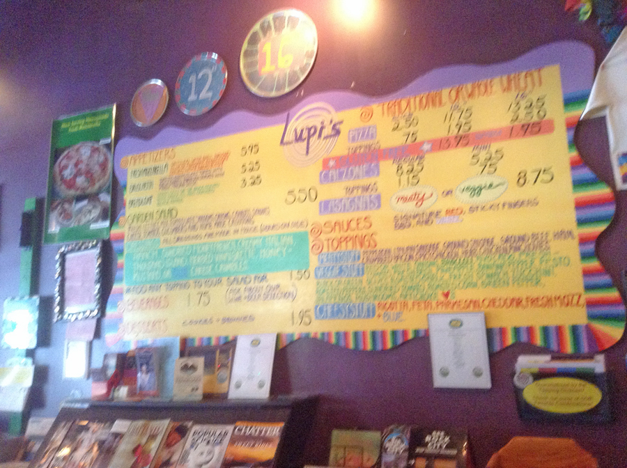 Colorful price sign at Lupi’s Pizza in Chattanooga