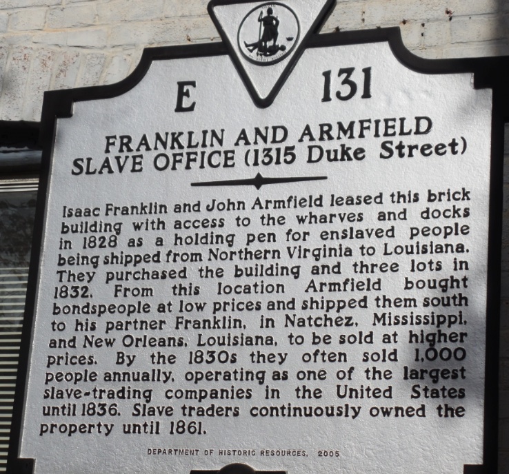 sign at Franklin and armfield house at Alexandria, Virginia