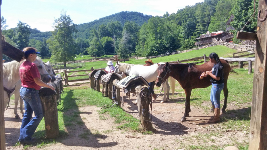 Horses and riders lined up to saddle horses