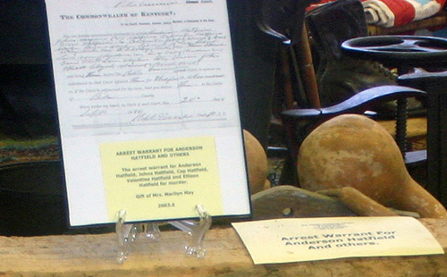 Copy of the arrest Warrant for the Hatfields  in the Big Sandy Heritage Center, in Pike County, KT