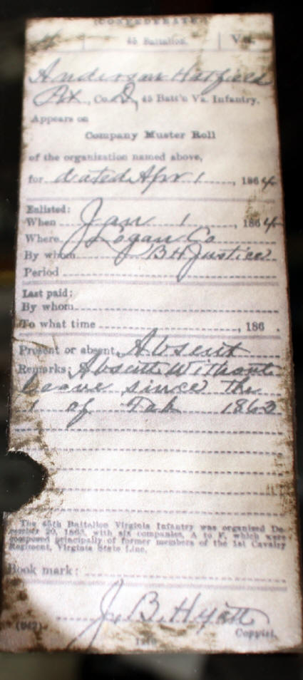 Papers showing Anderson Hatfield absent without leav e from the Confederate Army