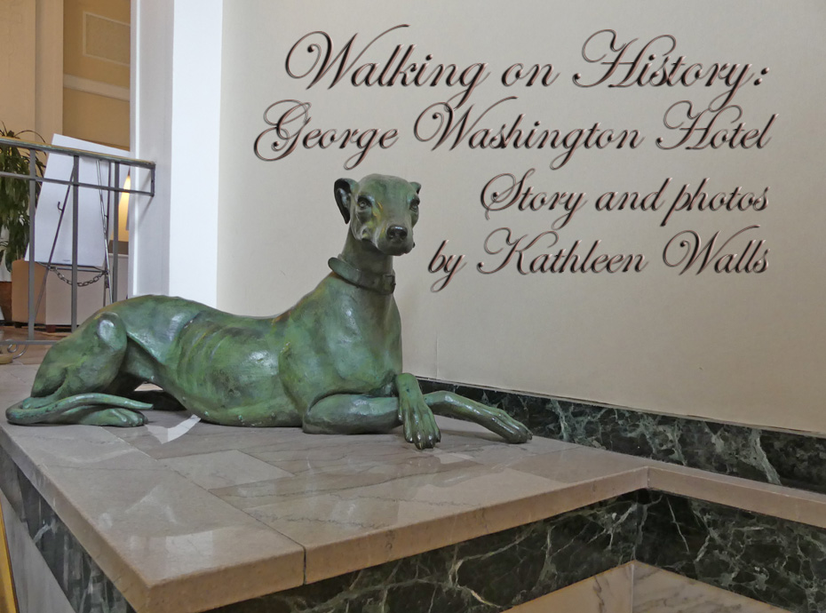 lobby of George Washington Hotel in Winchester, VA with stature of greyhound 