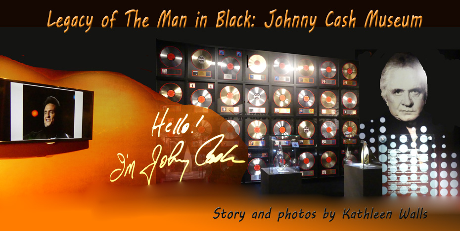 colage of young johnny Cash and old Cash with background of his award albums