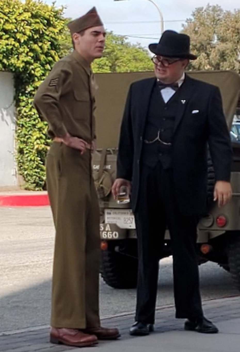 reenactors dresssed as british naval man and Winston Churchill