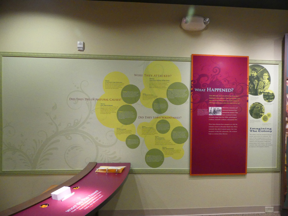 Exhibit at Fort Raleigh offering logical possibilities as to what happen to the settelers of the lost colony.