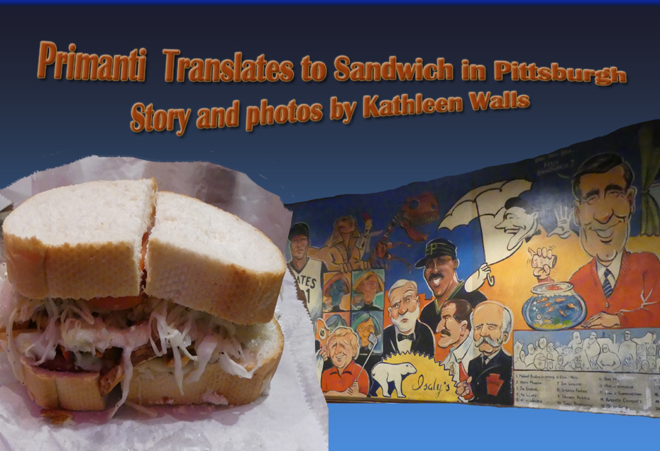 Primanti sandwich in forground with mural from Primanti Brothers in background