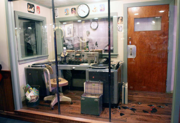 WHBQ radio station booth where Dewey Philips first played Elvis's record. at Sun Studio in Memphis Tennessee