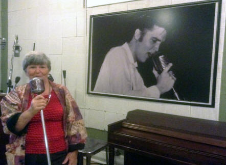 Author singing on smae mike Elcis used at Sun Studio in Mamphis Tennessee. 