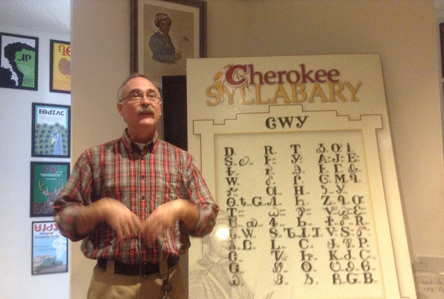 Charlie Rhodarmer explaining Cherokee Alphabet at Sequoya Birthplace Museum