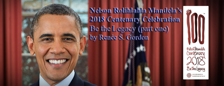 Barack Obama in front of Nelson Mandela comemoratioin sign