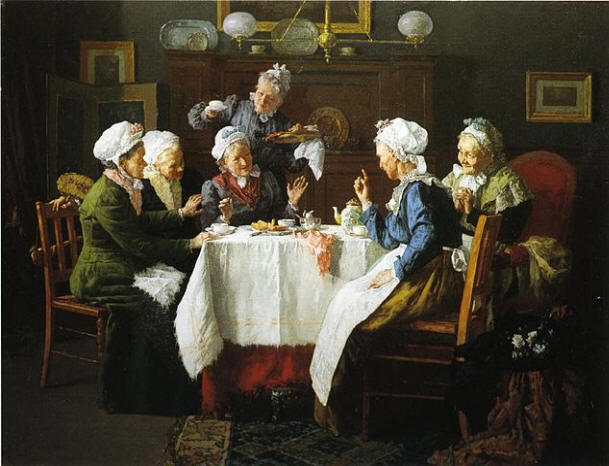 "A Tea Party" by Louis C. Moeller showing a group of colonial ladies at tea