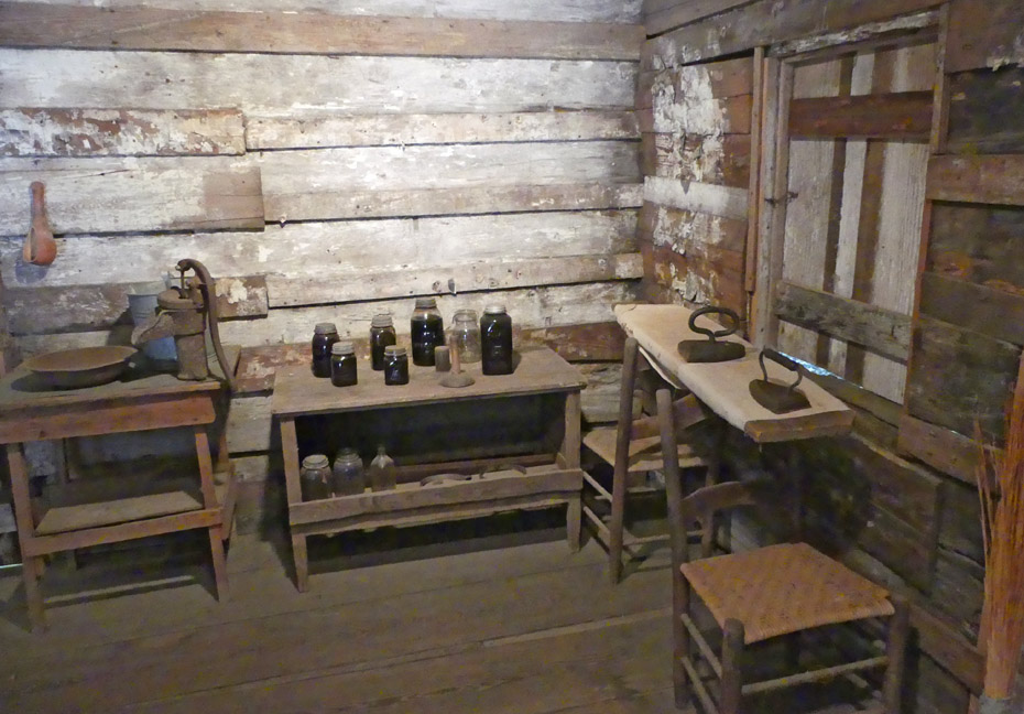 Comon kitchen items in hewn timber cabin on Francis Marion University campus in Florence, SC
