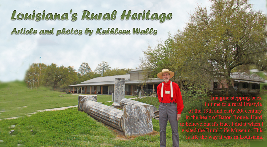 docent at entrance of Rural Life Museum in 'baton Rouge, LA